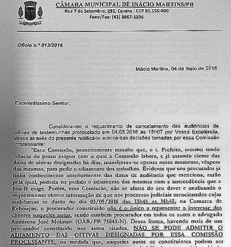 Ofício 013/2016 Comissão Processante 01/2016